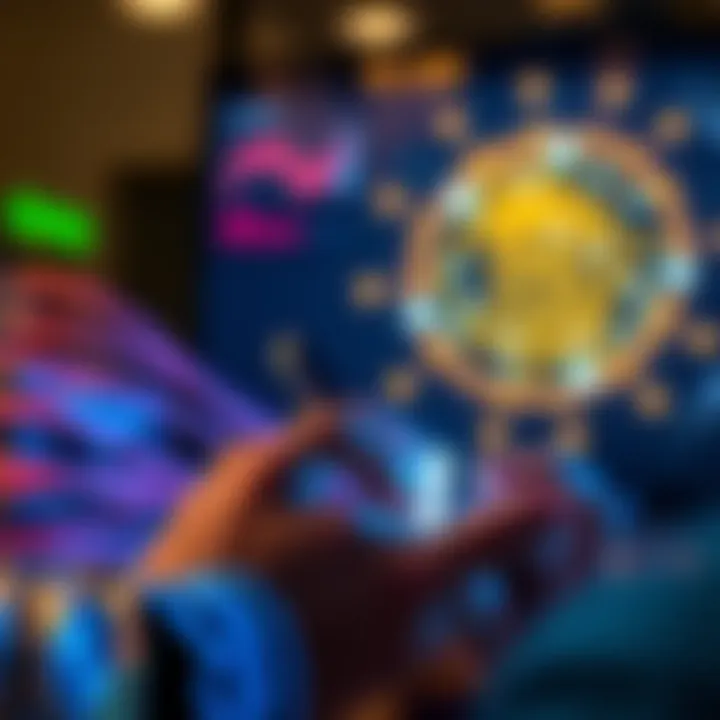 A person using an Android device to mine cryptocurrency, with a digital coin graphic in the background