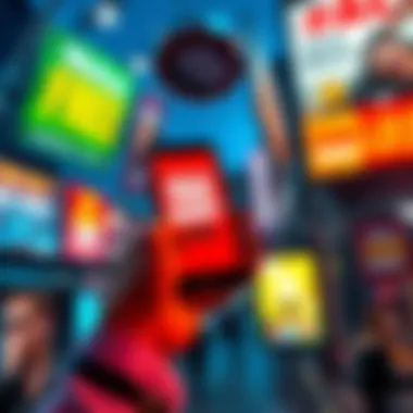 Mobile App Advertising A person looking at a smartphone displaying an app that offers free money, surrounded by various ad banners.