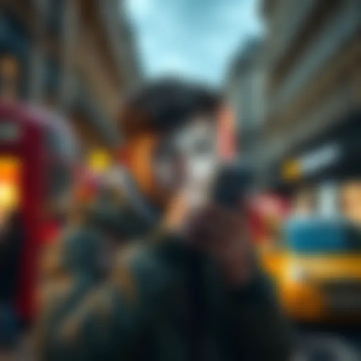 A person frustrated with their mobile phone in a city setting, indicating poor signal and dropped calls.