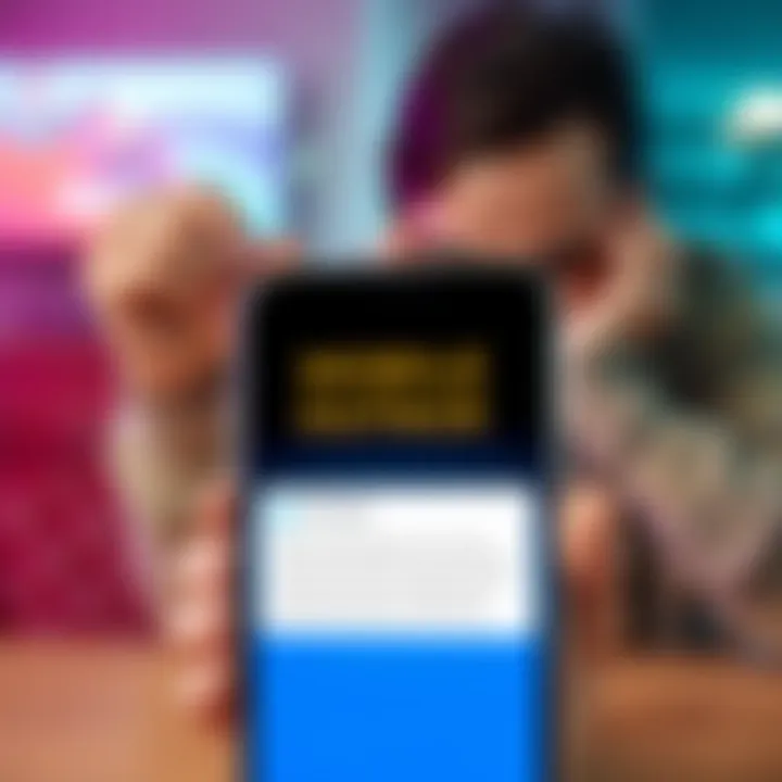 A smartphone displaying a message about mobile internet outage, with a frustrated user in the background.