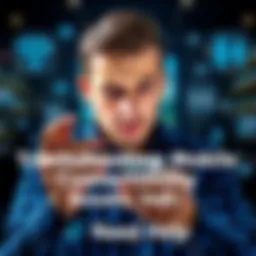Mobile Phone Troubleshooting A person holding a smartphone with a frustrated expression, surrounded by Wi-Fi and cellular icons