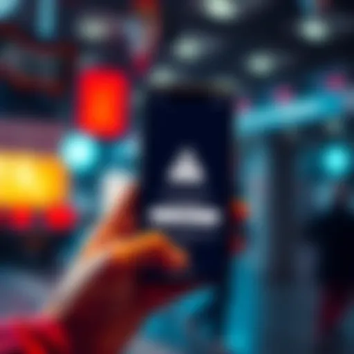 Mobile Wallet Update Troubleshooting A person holding a smartphone displaying a mobile wallet app with a warning symbol, indicating an update failure