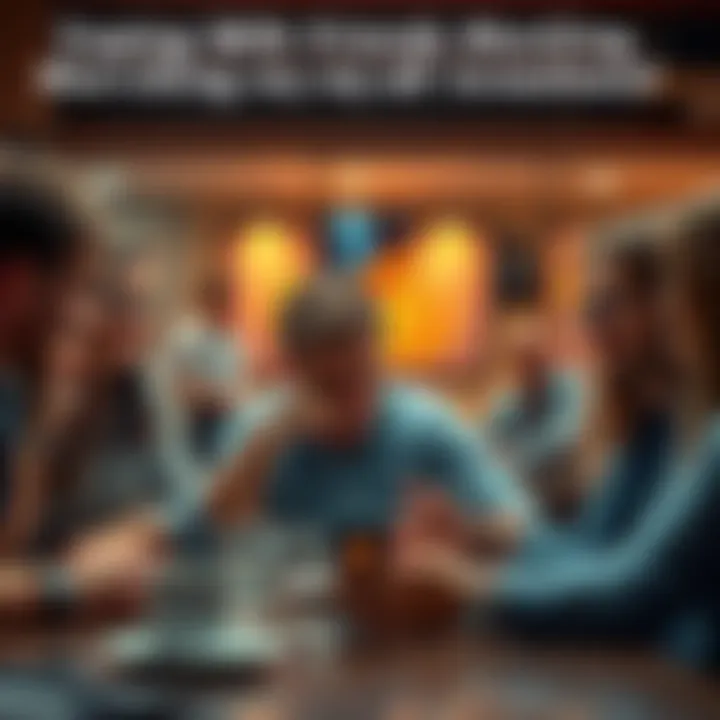 A person sitting at a table with friends, looking uncomfortable as their friends laugh and point at a phone displaying Bitcoin prices.