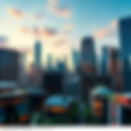 A skyline view of modern buildings representing America's financial future, with futuristic designs and green spaces.