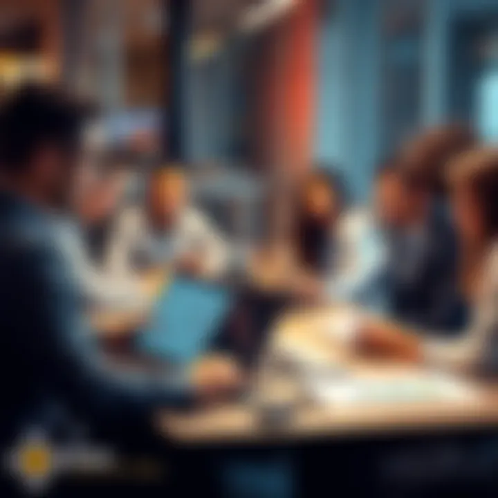 A group of diverse investors sharing ideas around a table with laptops and charts, reflecting the current investment strategies and market challenges.