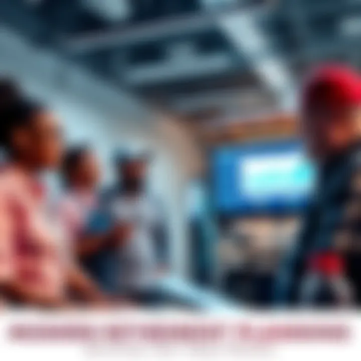 A diverse group of workers discussing retirement strategies in a bright office environment, with charts and graphs on a screen