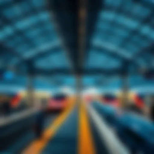 A bustling train station featuring advanced trains and people waiting for departures, highlighting the future of public transit.