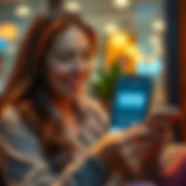 Mom receiving crypto transfer A woman checking her phone with a smile while looking at a Coinbase app, symbolizing a crypto transfer from Metamask