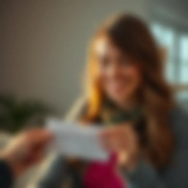 A woman smiling while receiving a handwritten note of gratitude from a friend, showcasing a heartfelt connection.