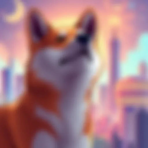 A digital illustration of $MOMO, a female Shiba Inu character, symbolizing resilience in the crypto market, with a vibrant background representing growth and community support.