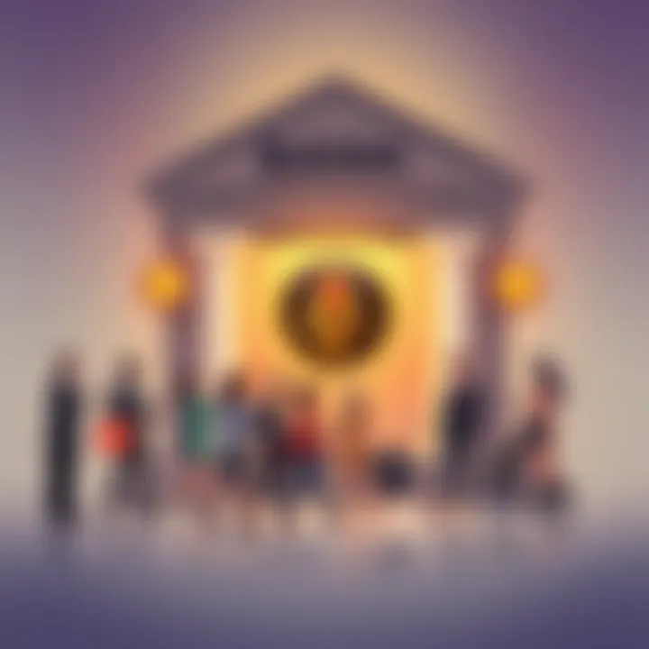 Monero Banks Concept An illustration showing a bank with a Monero logo. People are exchanging Monero for goods and services, symbolizing the shift to a cryptocurrency economy.