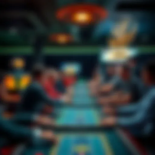 A small Monero-only casino with players placing bets at gaming tables, showing excitement and anticipation.