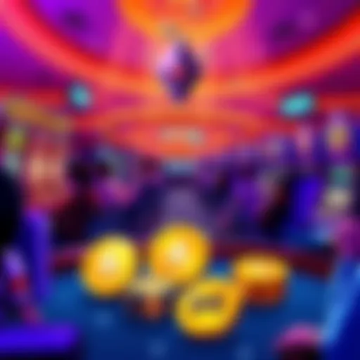 A vibrant casino scene showcasing players enjoying various games, including slots and sports betting, with Monero coins prominently displayed.