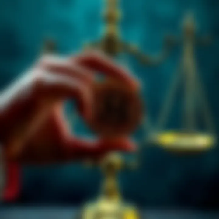 A person holding a digital currency symbol with a background of scales representing ethics and justice.