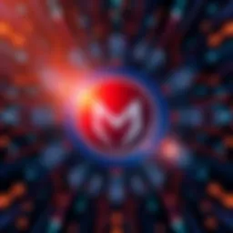 Monero logo surrounded by digital graphics representing cryptocurrency and hard fork changes