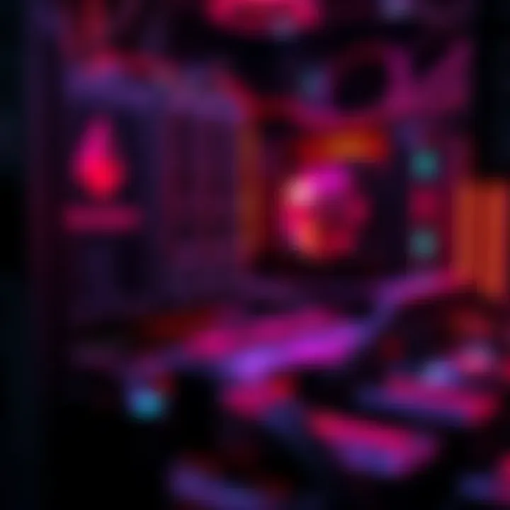 A close-up of a computer setup with mining equipment running Monero software, surrounded by graphics cards and cooling fans.