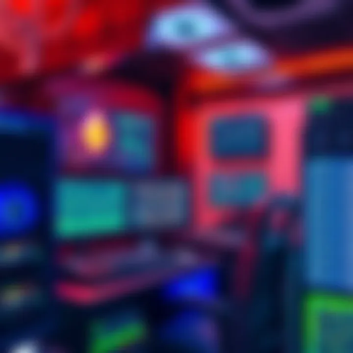 A computer mining setup showing various mining machines with screens displaying hashrate and performance data for MoneroOcean.