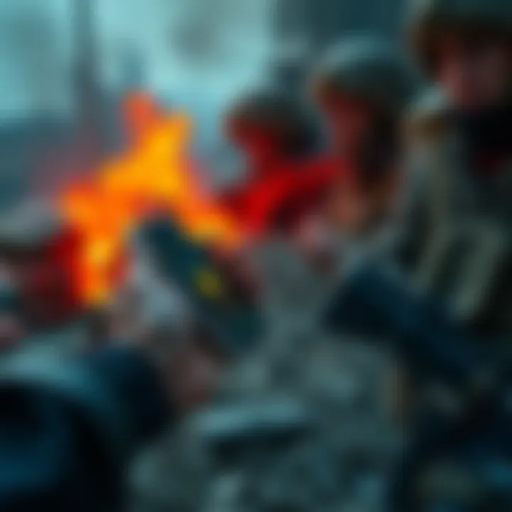 A person using a smartphone to conduct a cryptocurrency transaction in a war-torn area, symbolizing the use of Monero for secure financial exchanges during conflict.