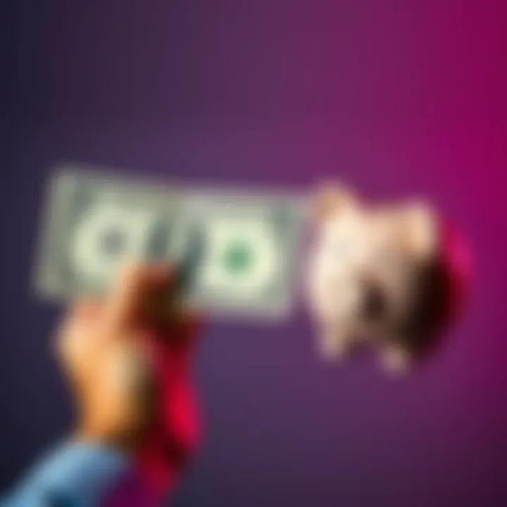 A person holding a dollar bill in one hand and a piggy bank in the other, contemplating financial decisions.