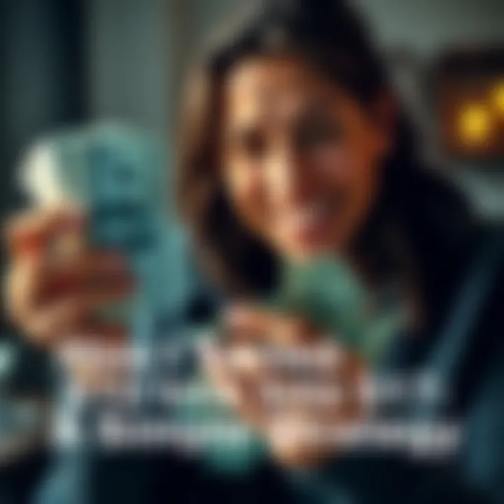 A person counting dollar bills with a satisfied expression, showing profit from a small investment.