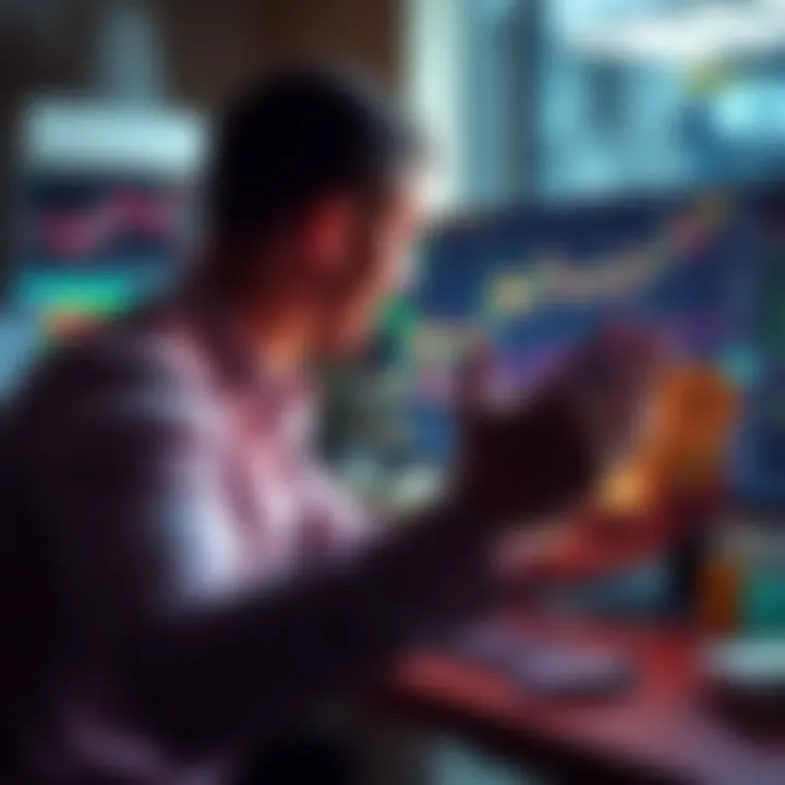A person excitedly looking at a computer screen showing a rising cryptocurrency graph and stacks of cash