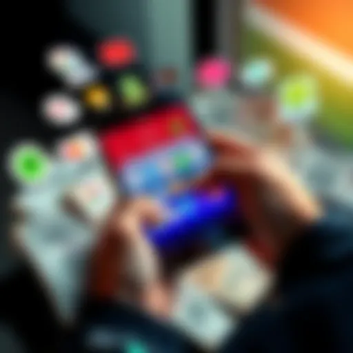 Money Savings for Subscriptions Person holding a smartphone with banking apps, surrounded by subscription service logos and Indian currency notes.