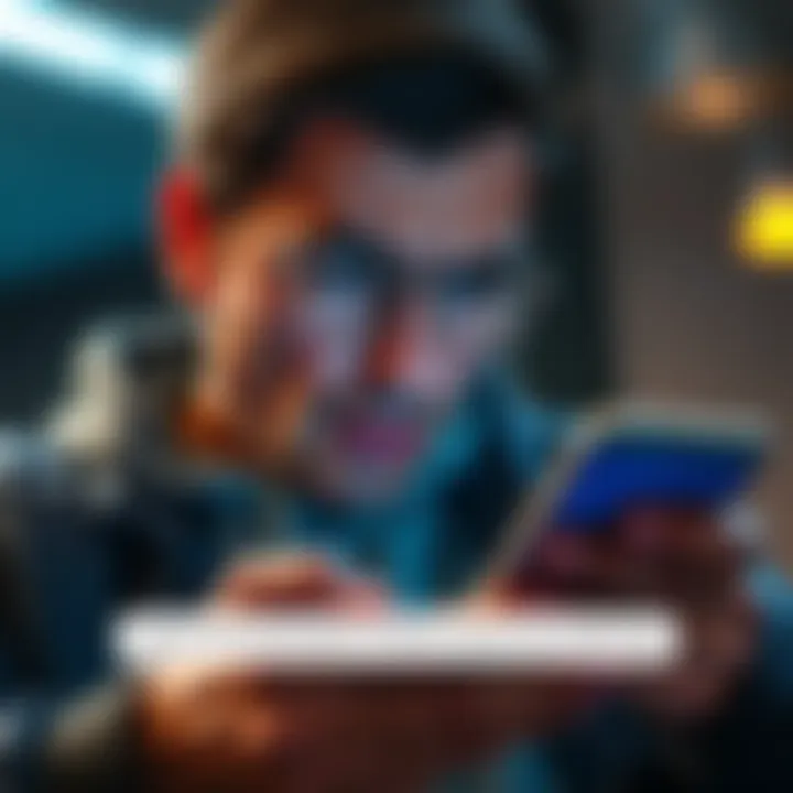 A person looking frustrated while using a mobile banking app with a notification of transfer failure.