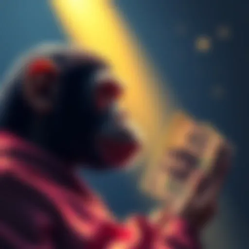 A person contemplating a monkey drawing worth millions while holding cash in hand, symbolizing the debate on NFT value