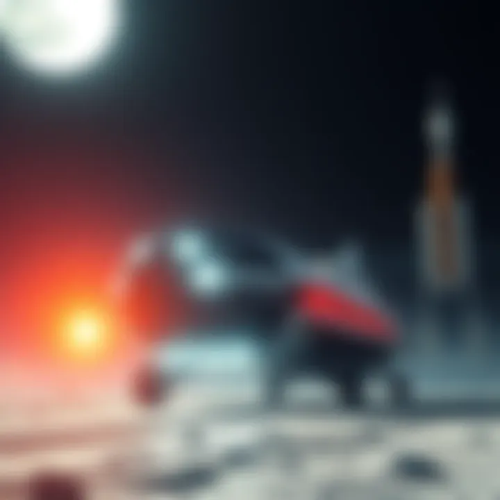 A modern spacecraft ready for launch to the moon with a bright full moon in the background.