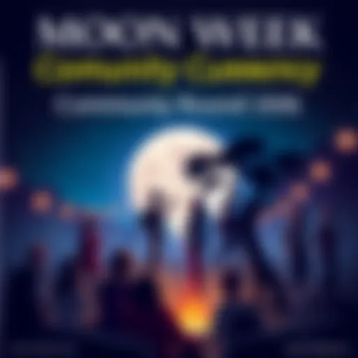 A graphic showing a community gathering with people discussing currency and governance, with a moon in the background symbolizing Moon Week.