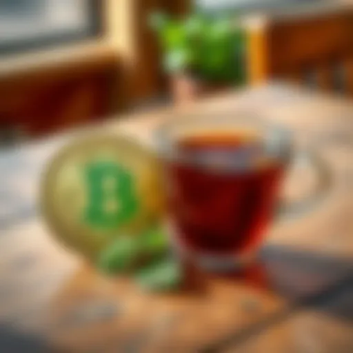 A cup of Moroccan Mint loose leaf tea beside a Bitcoin Cash logo, set on a wooden table in New Mexico.