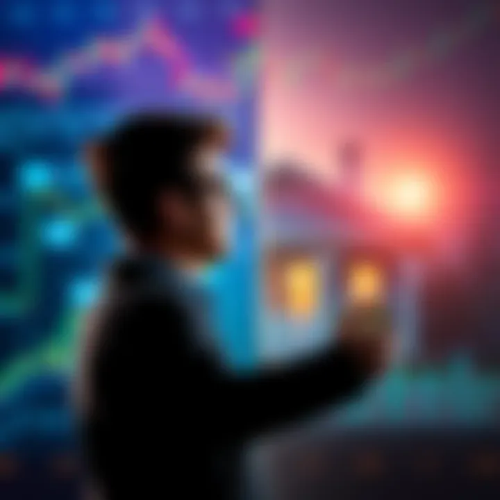Person weighing options between paying off a mortgage and investing in the stock market, with images of a house and stock charts in the background.