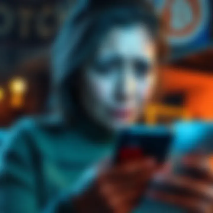 A concerned mother looking at her phone while thinking about a Bitcoin cash app offer, with a worried expression on her face.