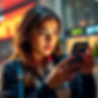 A mother looks concerned while holding her smartphone, which displays a fluctuating MYX cryptocurrency chart.