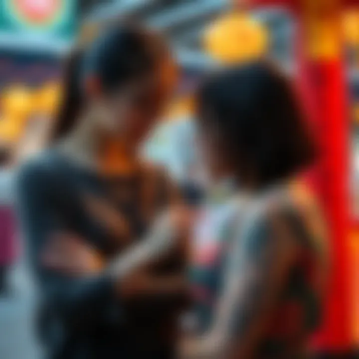 A young woman showing her tattoo to her mother during Chinese New Year celebrations, both looking thoughtful