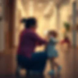 A mother kneeling to hug her toddler goodbye before heading to the hospital for induction, showing a mix of joy and sadness on her face.