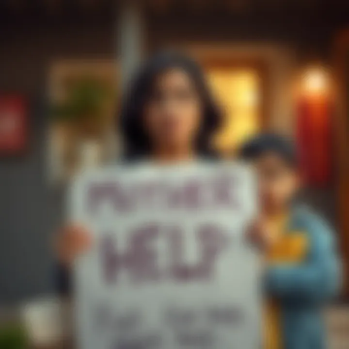 Mother Seeking Help A concerned mother holding a sign asking for help to avoid eviction, with her children by her side and a hopeful expression on her face.