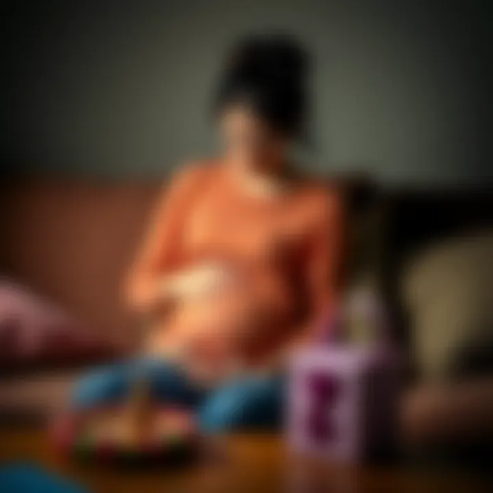 A 29-year-old pregnant woman sits on a couch, looking anxious while holding her belly, with a baby shower invitation on the table in front of her.