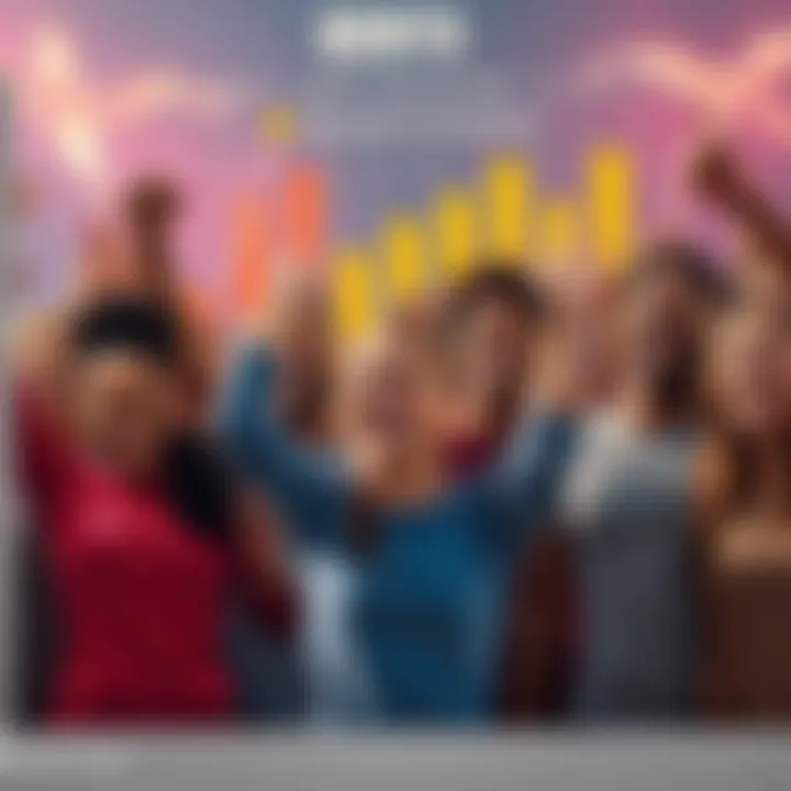 A group of diverse people celebrating their completed challenges with a rewards chart in the background, showing progression and motivation for the next month.