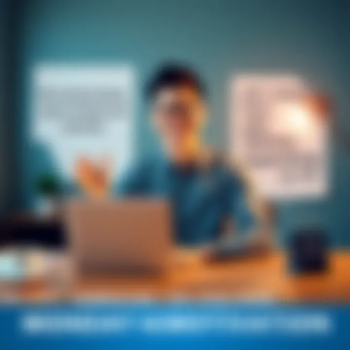 A cheerful person sitting at a desk with a laptop, ready to start the week with enthusiasm, surrounded by motivational quotes and a coffee cup.