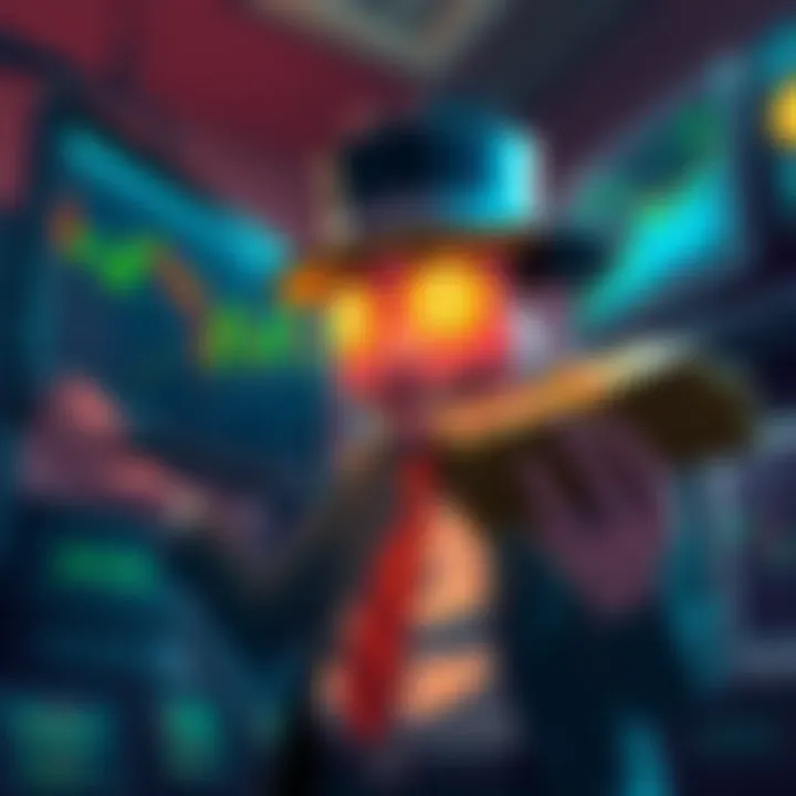 A character named Mr. Glow Eyes holds a stack of cash while looking at a digital screen showing buttcoin charts.