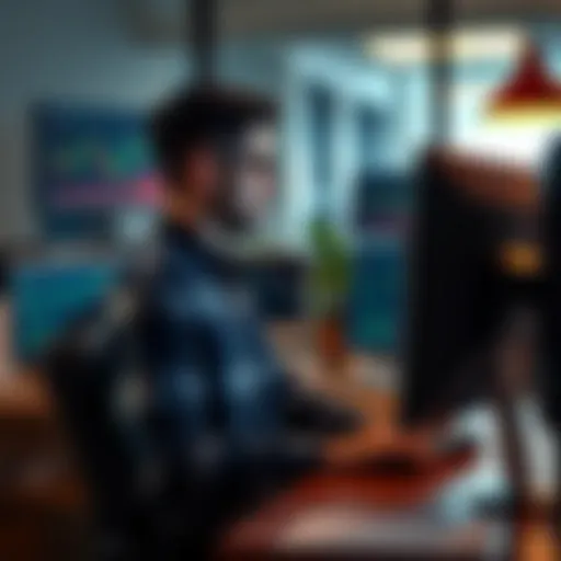 A person in a casual office environment looking at a computer with charts and graphs on the screen, indicating insider trading concerns.