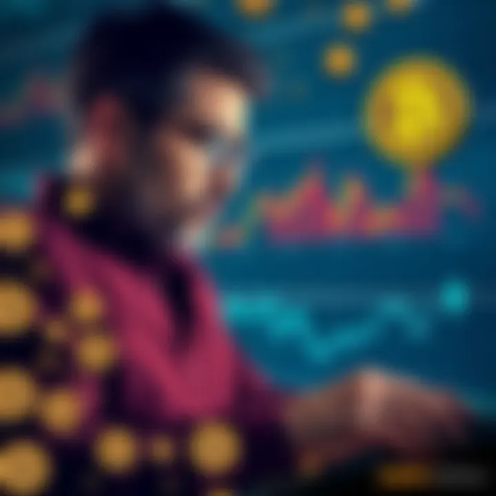 The CEO of MSTR, Michael Sailor, looking at financial charts while contemplating the recent sale of Bitcoin, surrounded by Bitcoin icons and a downward graph.
