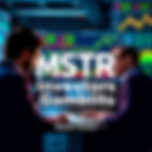 Group of investors analyzing stock trends related to MSTR with charts and graphs on a screen
