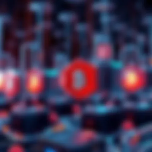 Illustration of multiple interconnected blockchains with security shields, representing defenses against quantum computing threats.