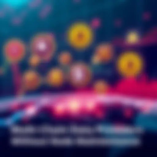 Illustration showing various blockchain logos connected by lines, symbolizing multi-chain data integration without node maintenance, with charts and alerts in the background.