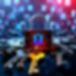 A digital padlock symbolizing multisignature security in cryptocurrency, surrounded by multiple keys representing different users. The focus is on safety and protection.