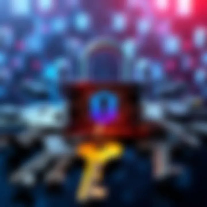 Multisignature Security Concept A digital padlock symbolizing multisignature security in cryptocurrency, surrounded by multiple keys representing different users. The focus is on safety and protection.