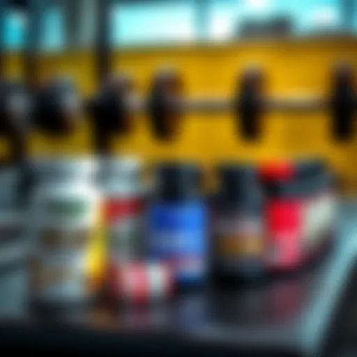 Close-up of various muscle growth supplements including ACE-083 and follistatin bottles on a gym bench with dumbbells in the background