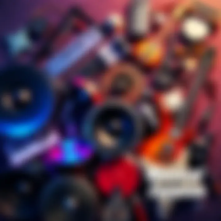 A collage of modern musical elements influenced by memes and cultural references, showcasing various instruments and vibrant colors.